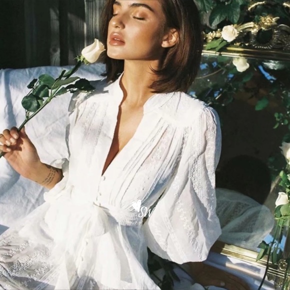 Boho Crochet Eyelet Button Up Gypsy Dress white - Picture 13 of 13